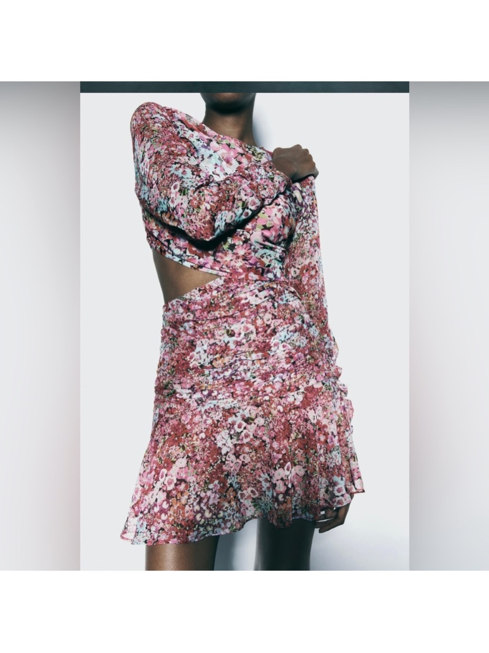 Zara Pink Floral Cutout Ruched Mini Dress